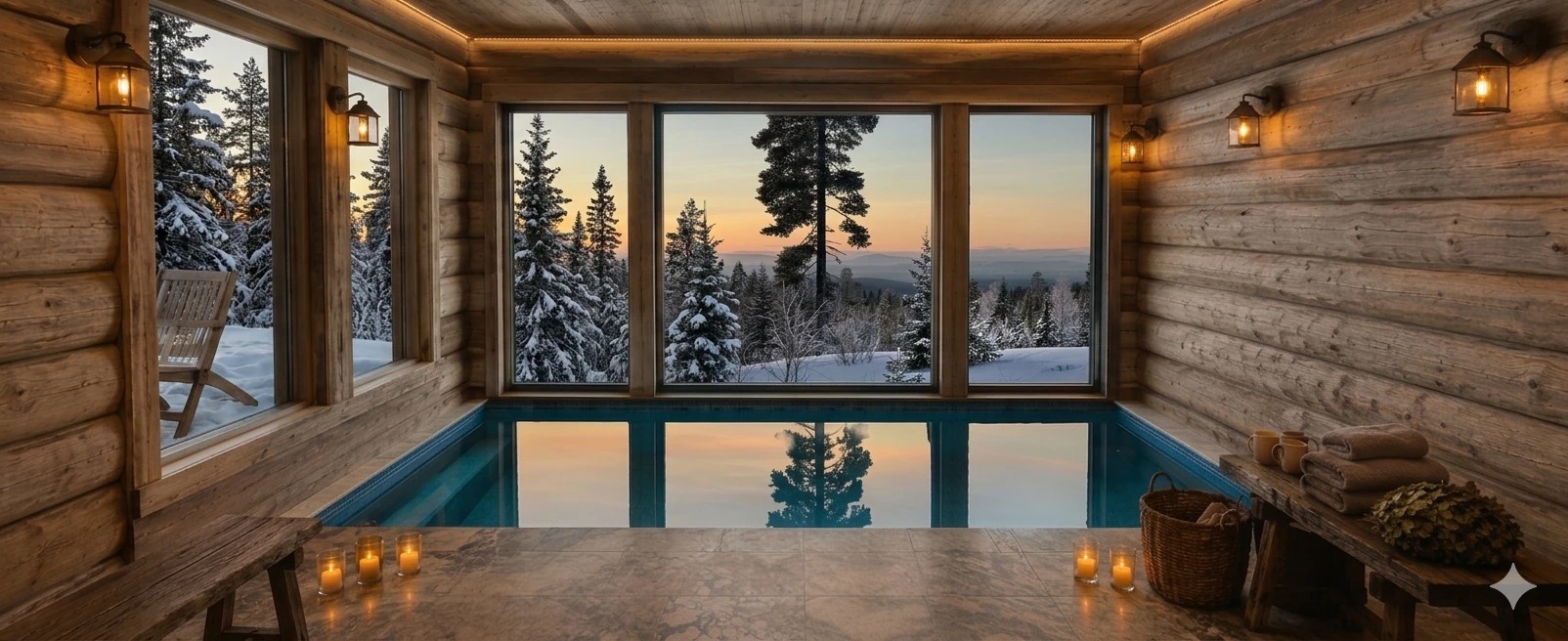Indoor heated pool with panoramic forest views at Lakita Lodge