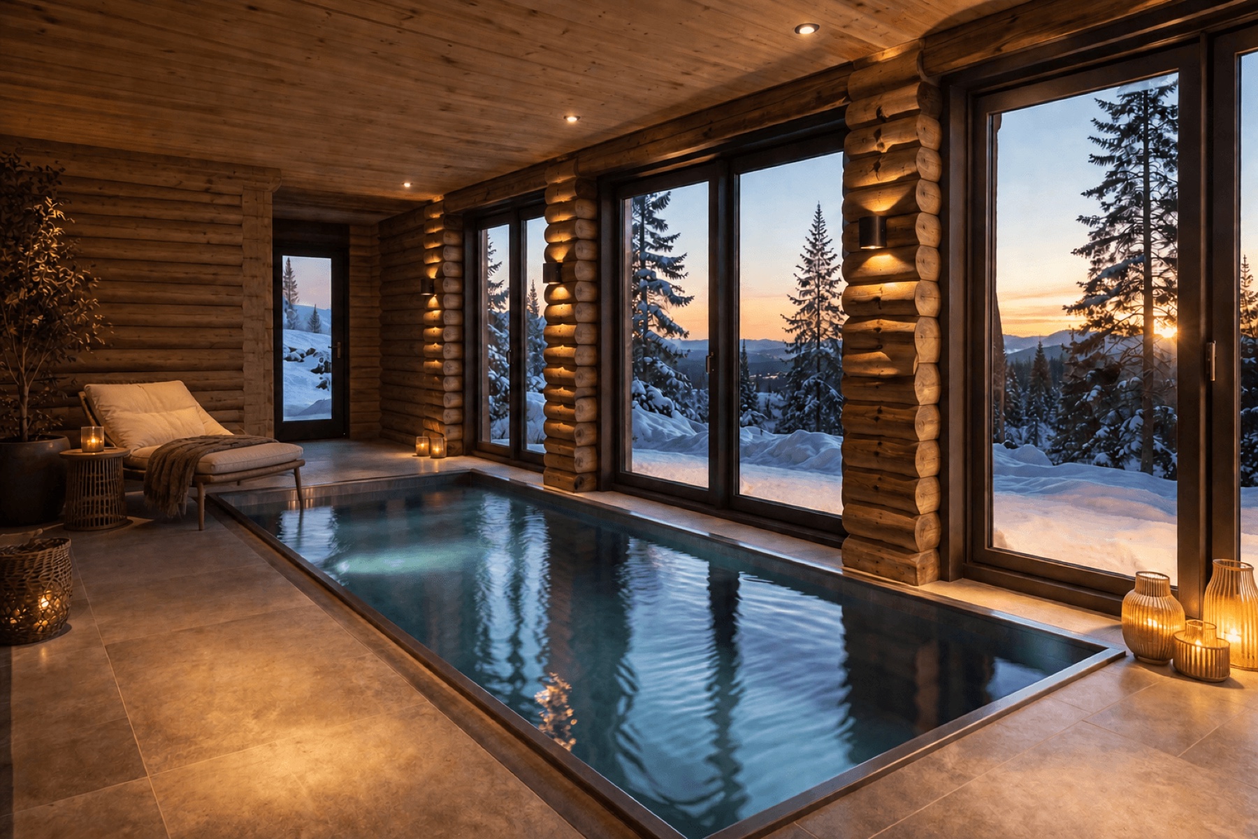 Indoor heated pool with panoramic forest views at Lakita Lodge